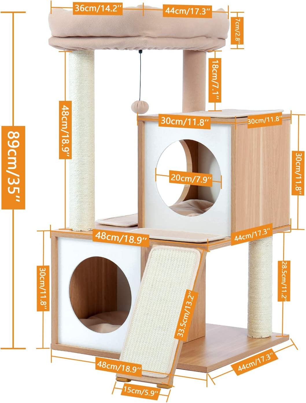 35" Modern Cat Tower Dual Condos, Wooden Cat Tree Large Cats