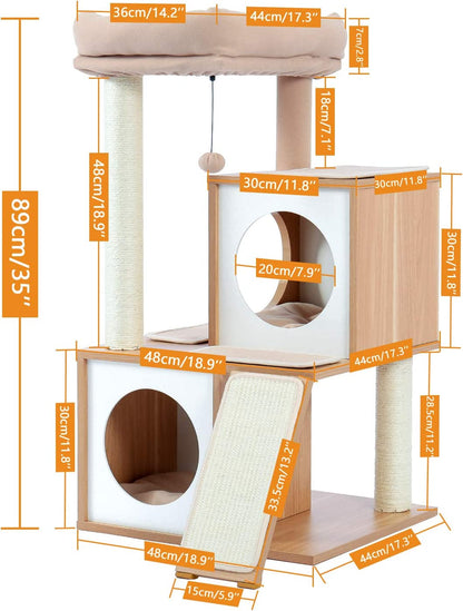 35" Modern Cat Tower Dual Condos, Wooden Cat Tree Large Cats