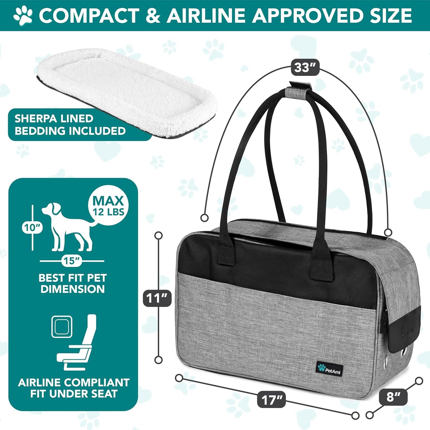 Small Dog Purse Carrier with Pockets, Airline Approved, Grey