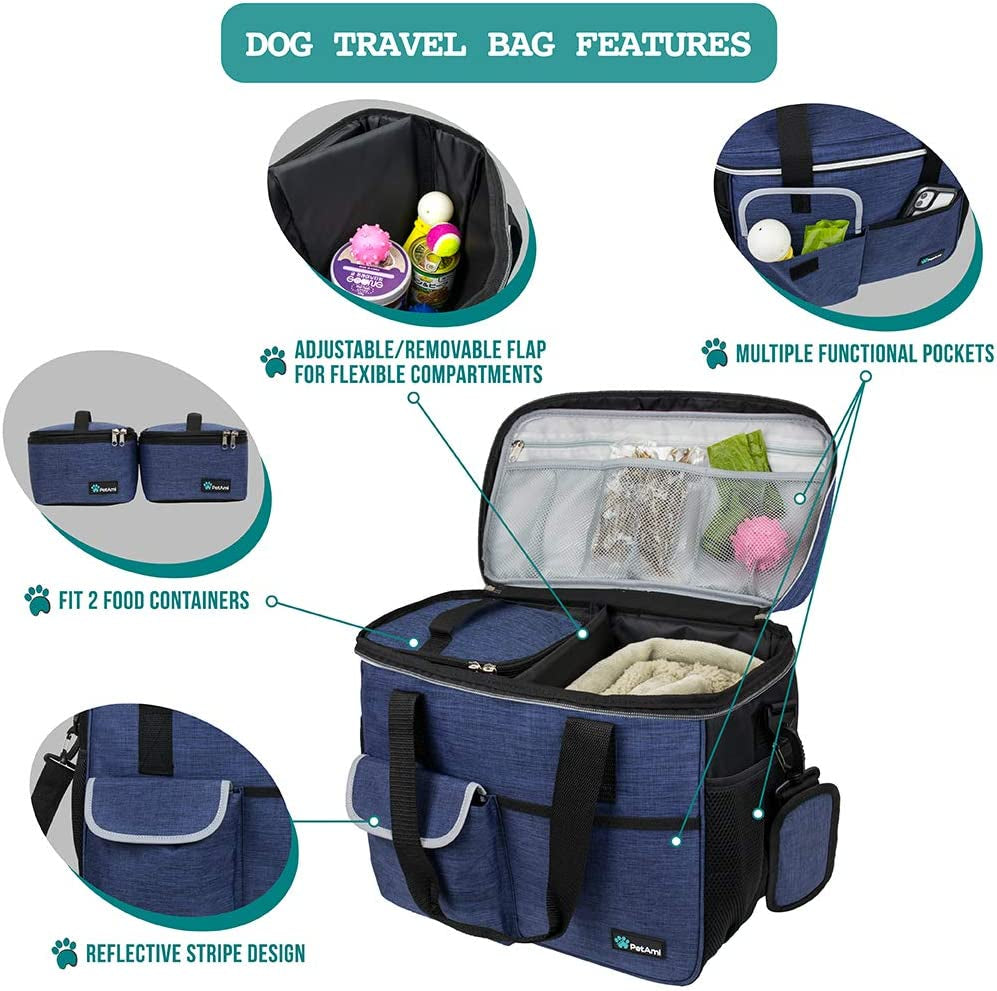 Dog Travel Bag Organizer, Pet Supplies Diaper Tote, Navy Blue Medium