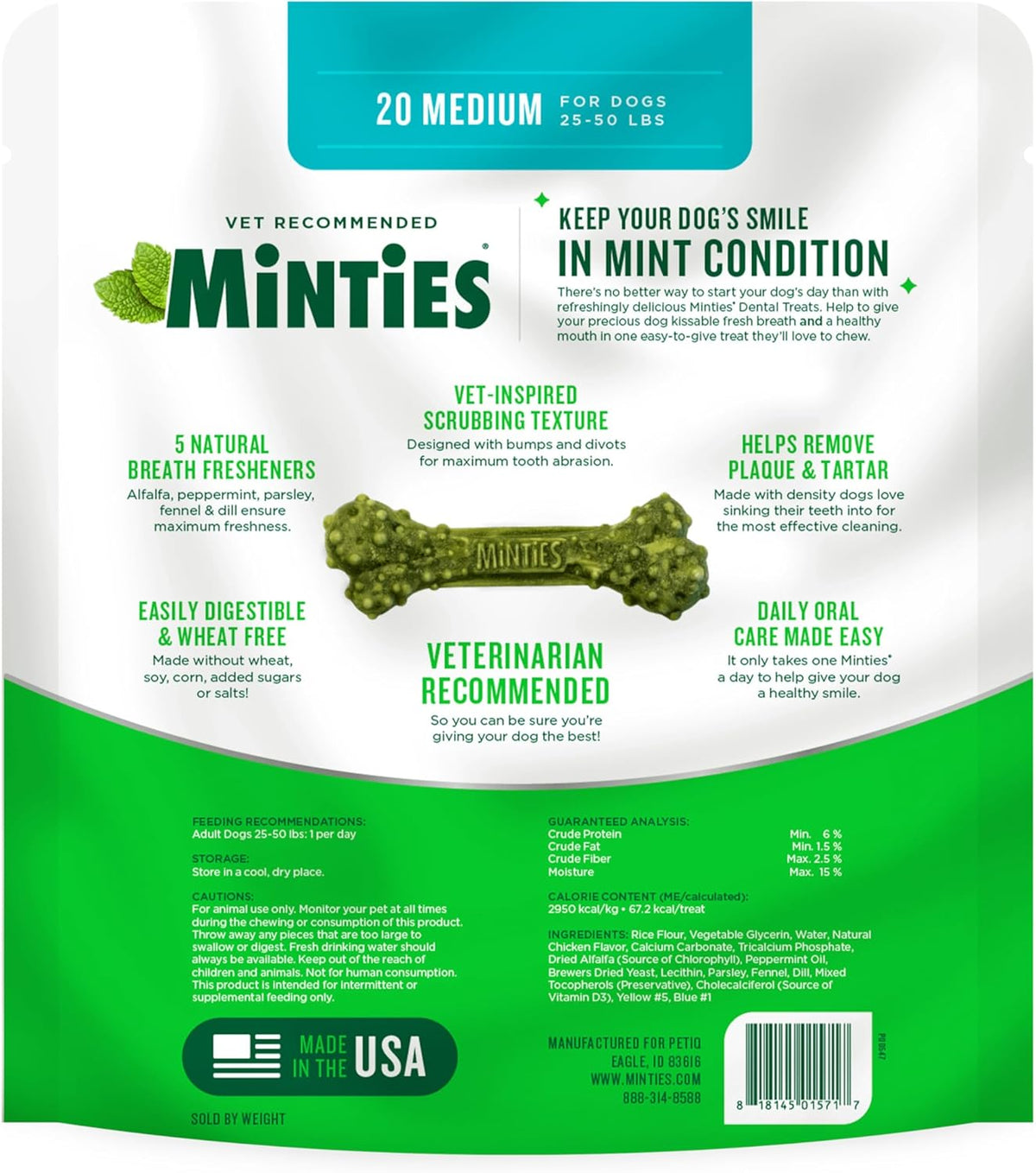 Mint Dental Chews for Dogs, Medium 25-50 Lbs, 20 Ct