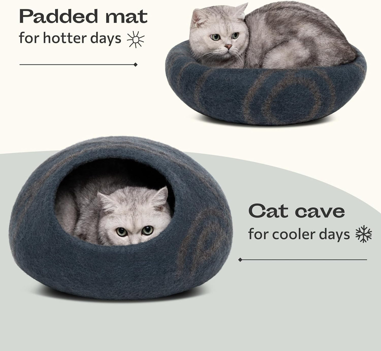Cat Cave - Merino Wool Bed for Indoor Cats (Slate Grey, Large)