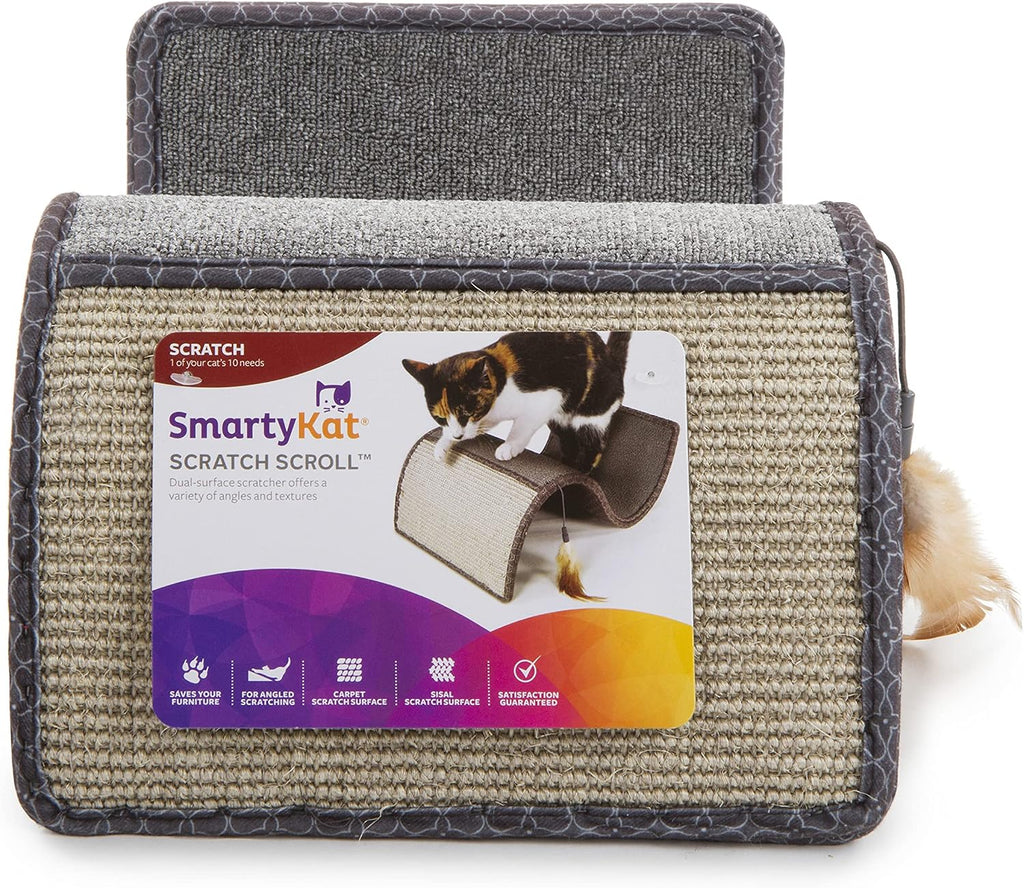 Scratch Scroll Sisal & Carpet Curled Cat Scratcher for Indoor Cats & Kittens, Features Feather Toy for Play, Looped Carpet Material, Gray